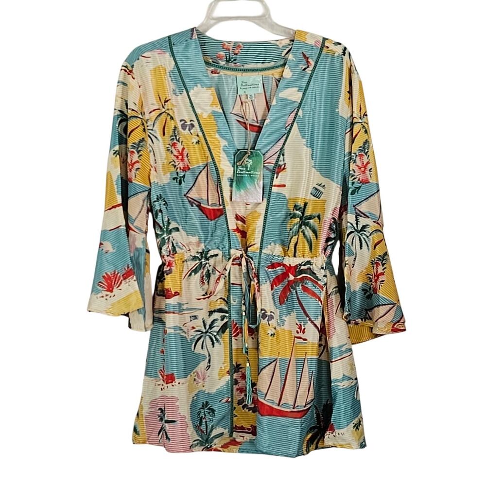 True Destinations Tunic Top Multicolor Tropical V-Neck Bell Sleeve Sz XL NWT